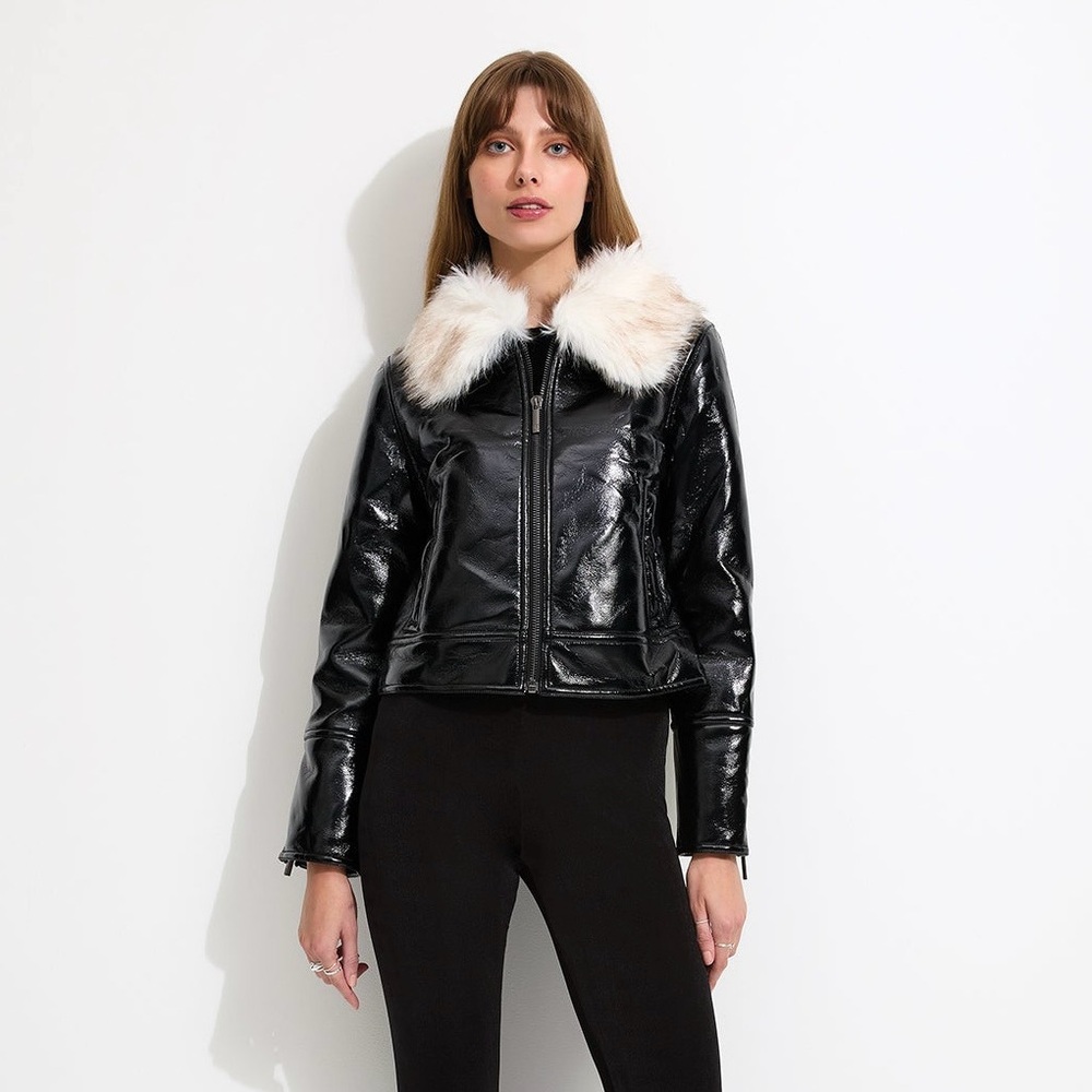 Chic Black Faux Leather Jacket with White Fur Collar